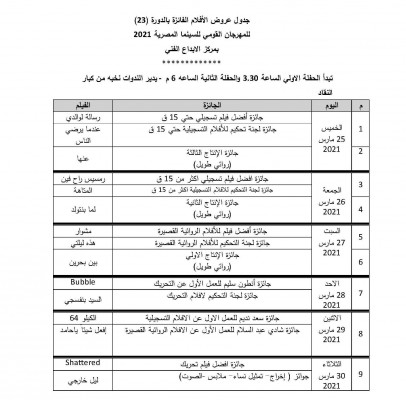 جدول عروض الأفلام الفائزة بالدورة (23) للمهرجان القومي للسينما المصرية
